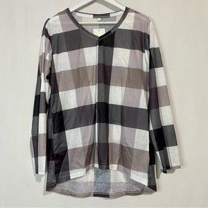 Suvimuga Women’s Long Sleeve V Neck Plaid Print Tee Shirt Grey & White NWT Girly
